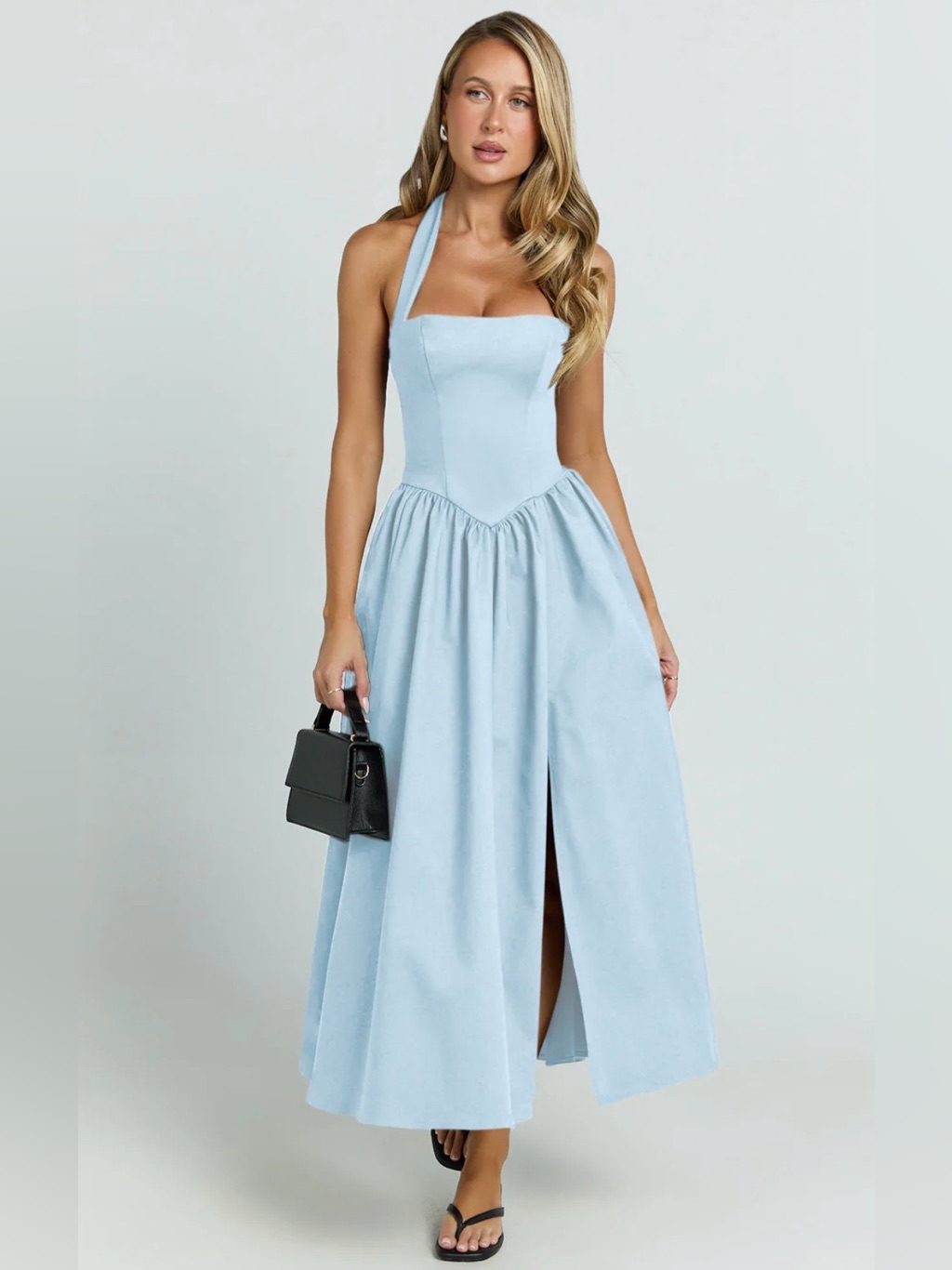 Helda Midi Dress - Showpo Halter Tie Neck Corset Panel Dress In Soft Blue